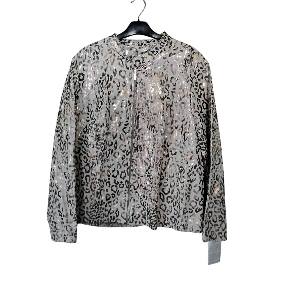 Jessica London Metallic Leopard Print Leather Jacket Grey Silver Plus 22W NEW